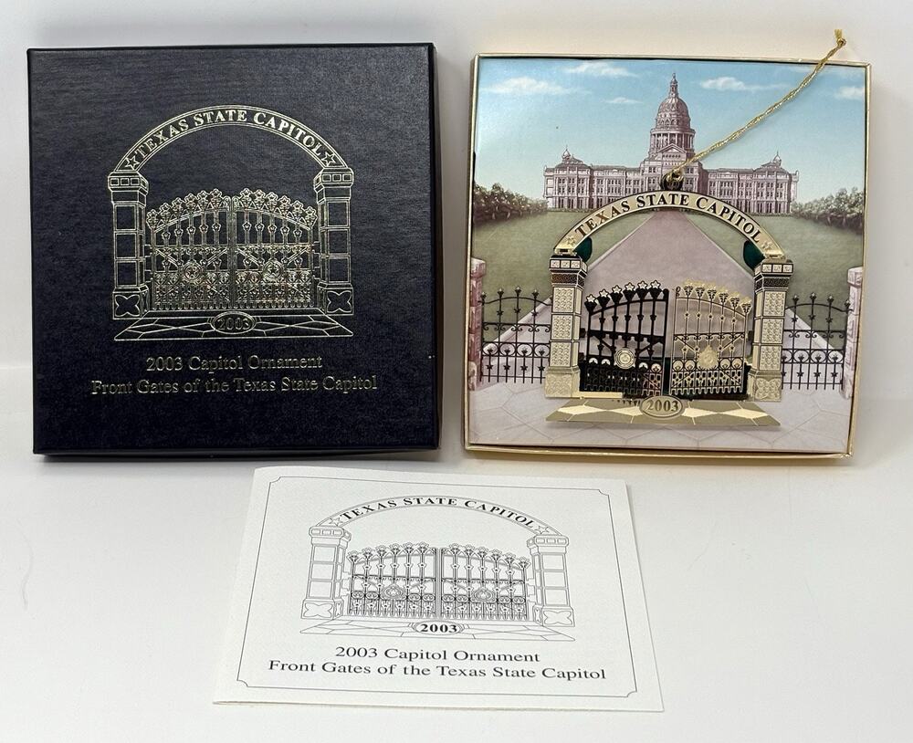 Texas State Capitol Ornament Front Gates 2003 Box And Booklet Golden Christmas